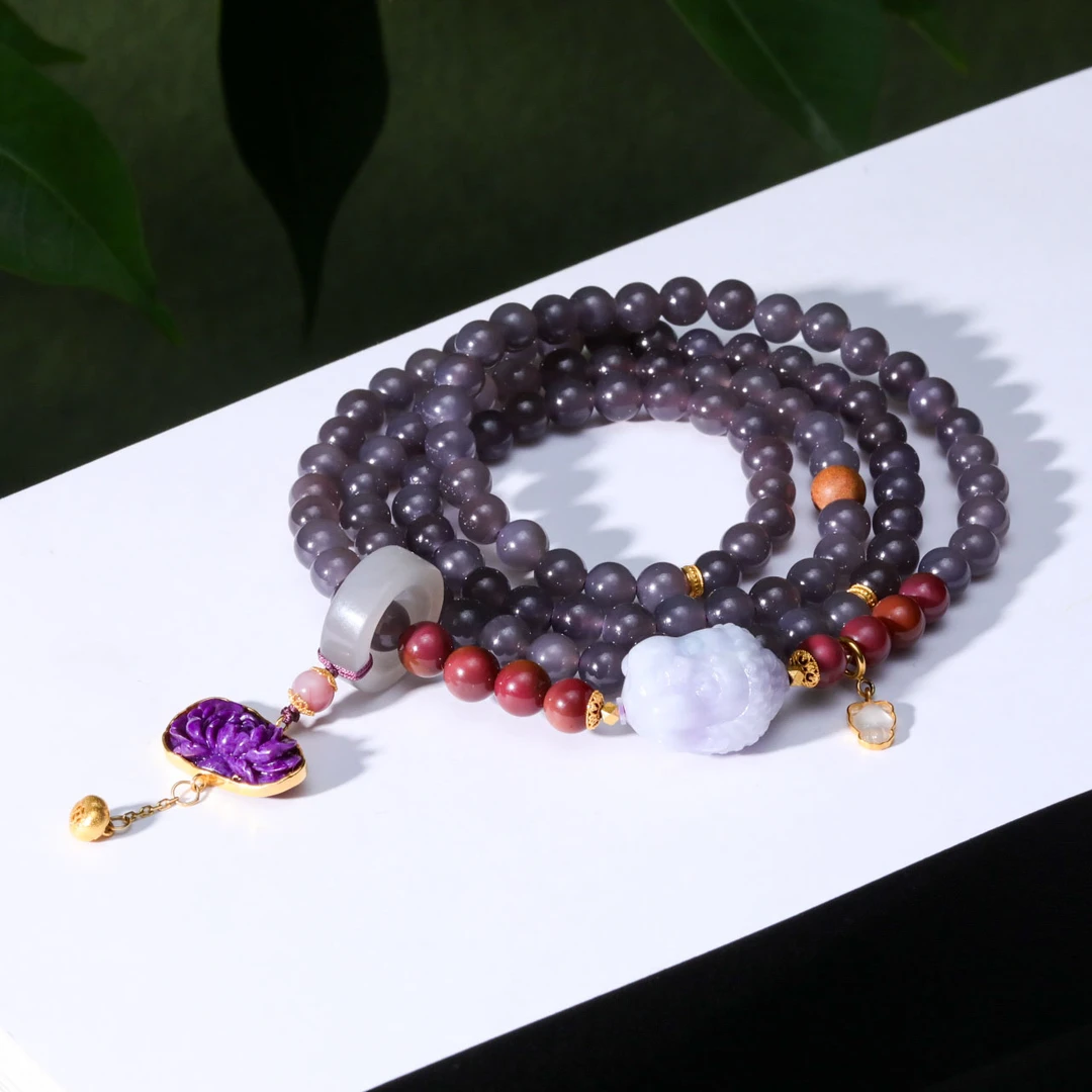 【意婵】《逸凡尘》108珠天然和田玉烟紫舒俱来翡翠盐源18K金915127