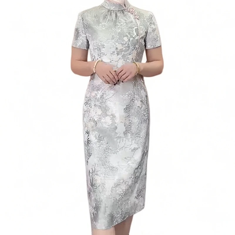 碎花婚礼纯色新中式薄荷绿旗袍裙修身ins旗袍优雅日常时尚修身