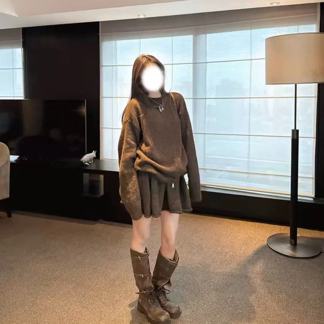 胖鹅张~韩系圆领针织开衫外套+卷边半裙套装#9755