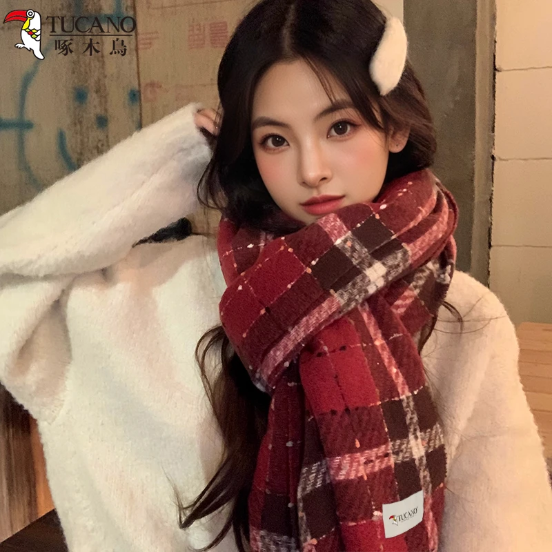 啄木鳥2025年新款圣诞红色格纹围巾女冬季氛围感新年礼物围脖学生