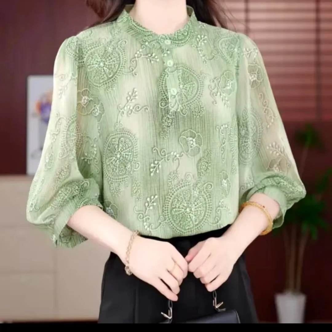 2025新款碎花衬衫气质复古减龄宽松遮肚显瘦百搭七分袖上衣女