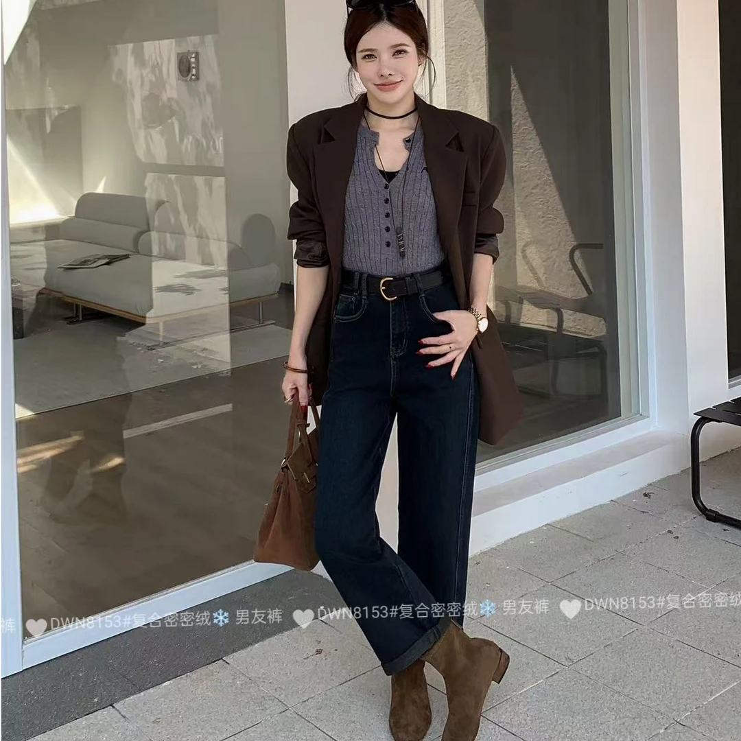 188S8153加绒加厚款女高腰微弹牛仔裤男友裤韩版直筒裤