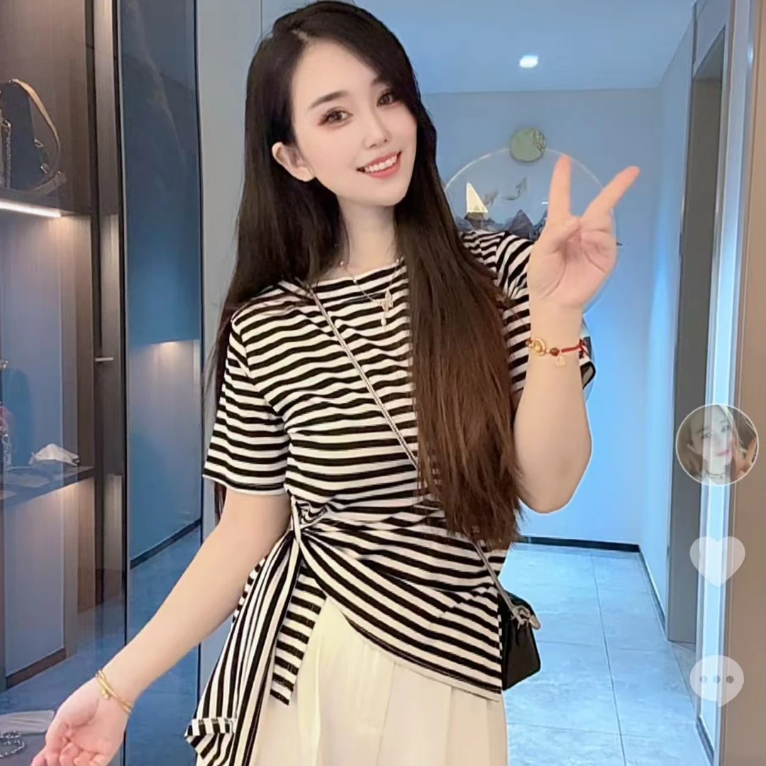 【遇见衣品】正肩不规则圆领短袖t恤女新款设计感小众收腰显瘦上衣