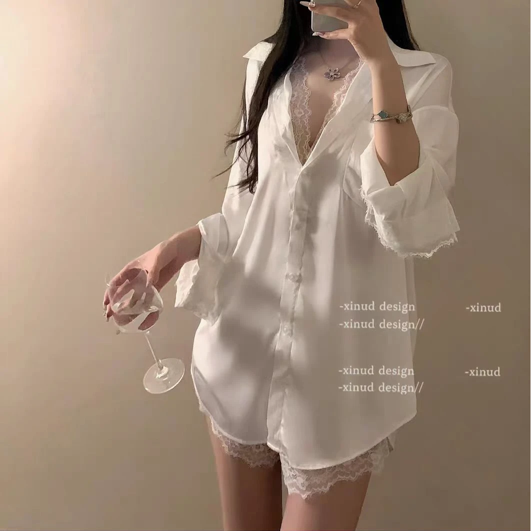 慵懒衬衫性感冰丝睡衣黑白长袖宽松纯欲风蕾丝大码家居服两件套装
