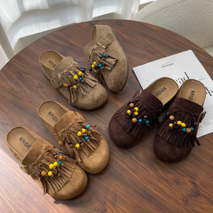 KAISER波西米亚风流苏幸运珠厚底勃肯包头半拖女休闲鞋KS7835ZB