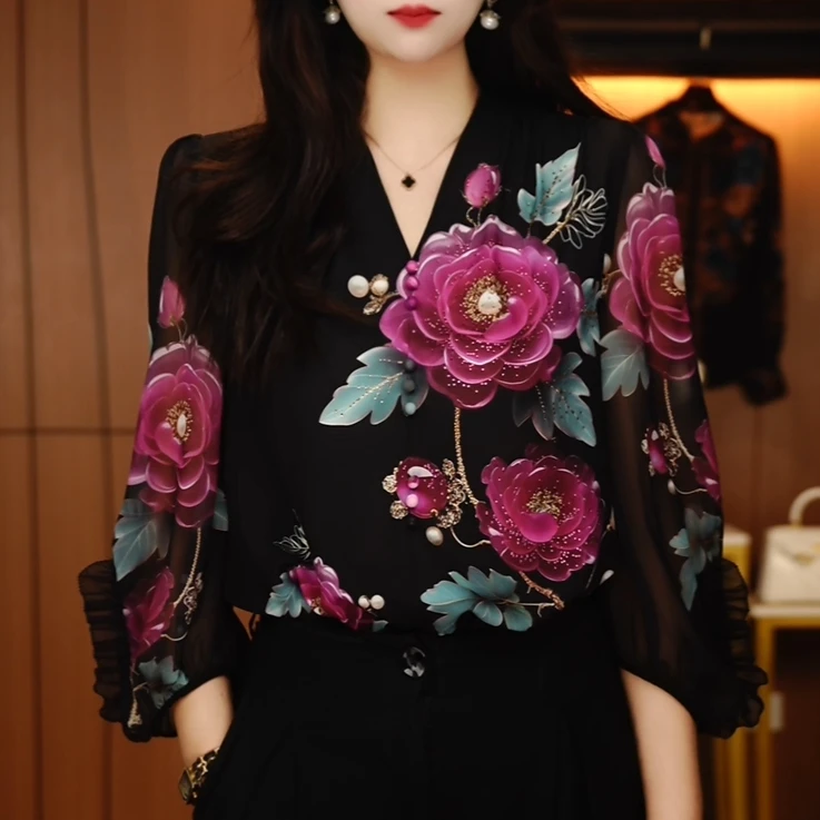 Y250120-新款琉璃双皱丝洋气时尚显瘦休闲气质印花女士长袖上衣