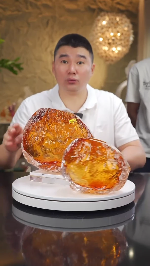 琉璃手工艺品福利琥珀火山石花瓶一对带底座一对