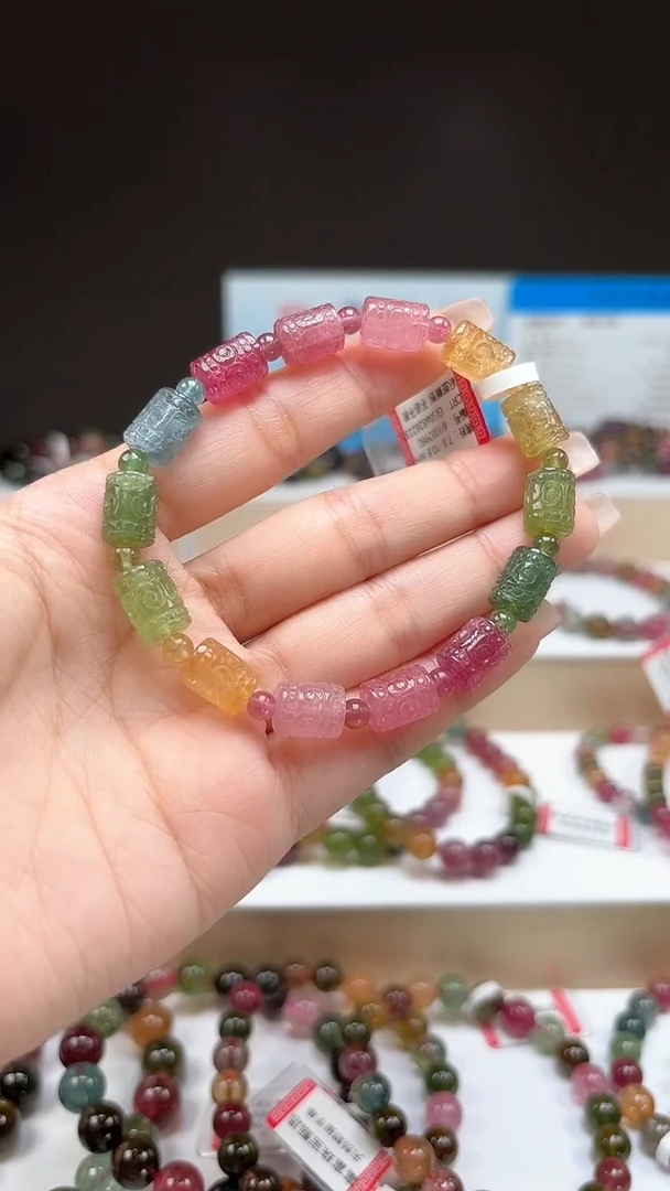 【闪购商品】碧玺手串未镶嵌手工雕刻玻璃体回纹桶珠单圈手串