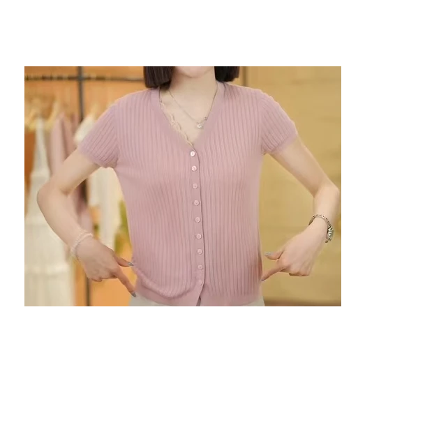 【俏皮时尚1】2025针织衫V领夏季短袖上衣女薄款纯色