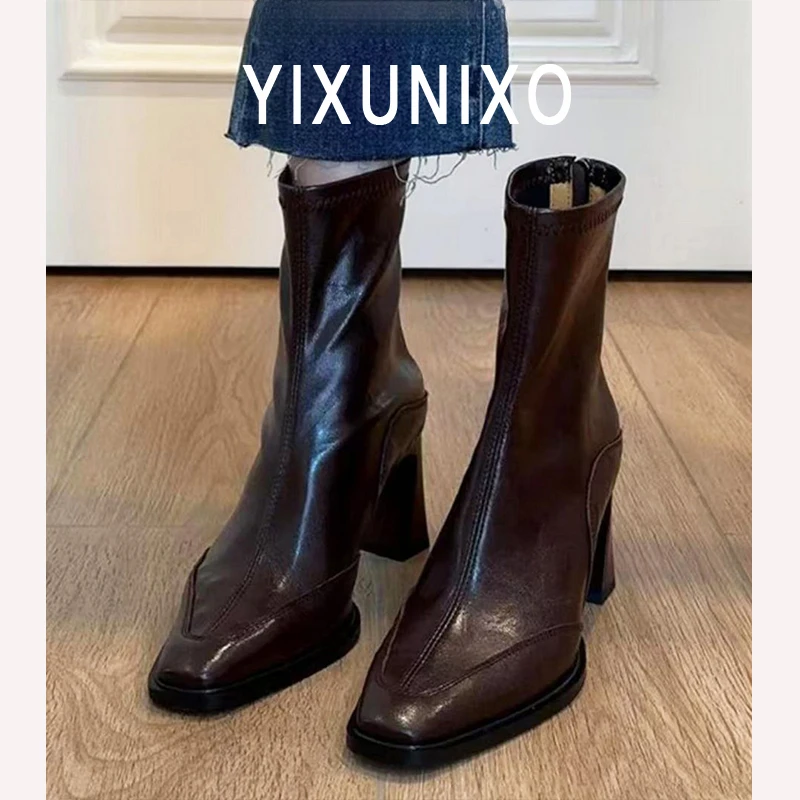 羊皮版~真皮高跟短靴弹力瘦瘦靴女后拉链洋气通勤百搭马丁靴靴女