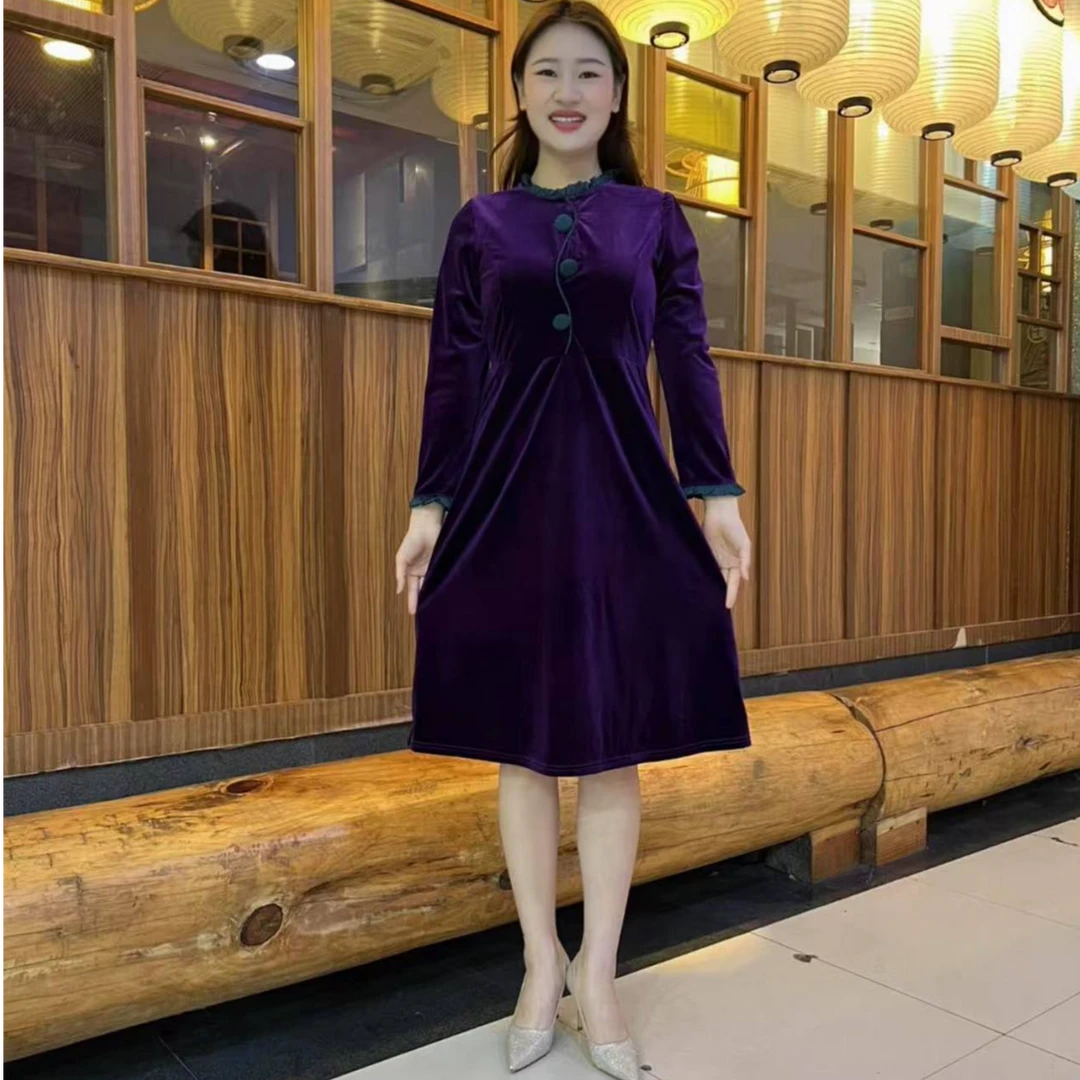 时尚洋气中长款过膝裙子2025新款优雅显瘦修身气质花边领连衣裙