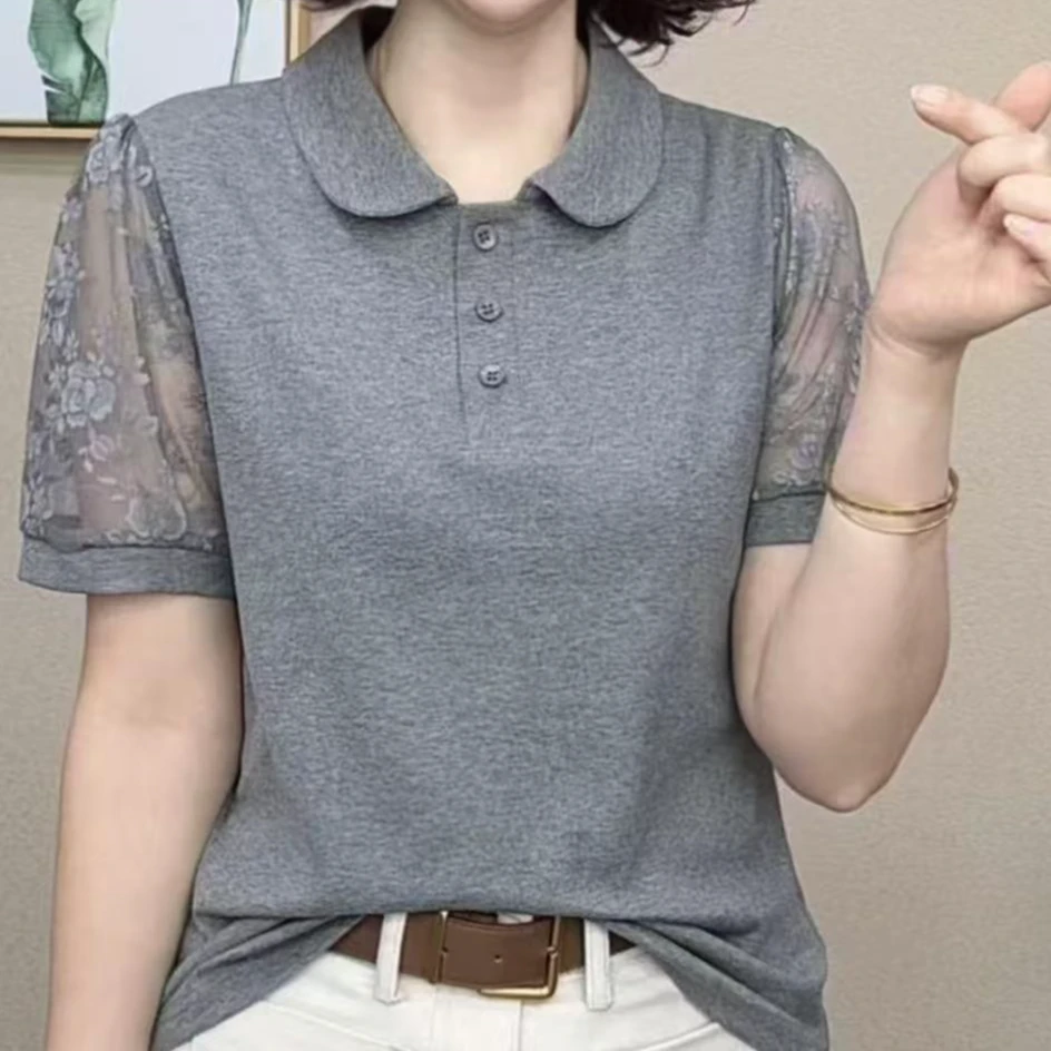 夏季时尚洋气新款纯色娃娃领百搭显瘦休闲气质短袖