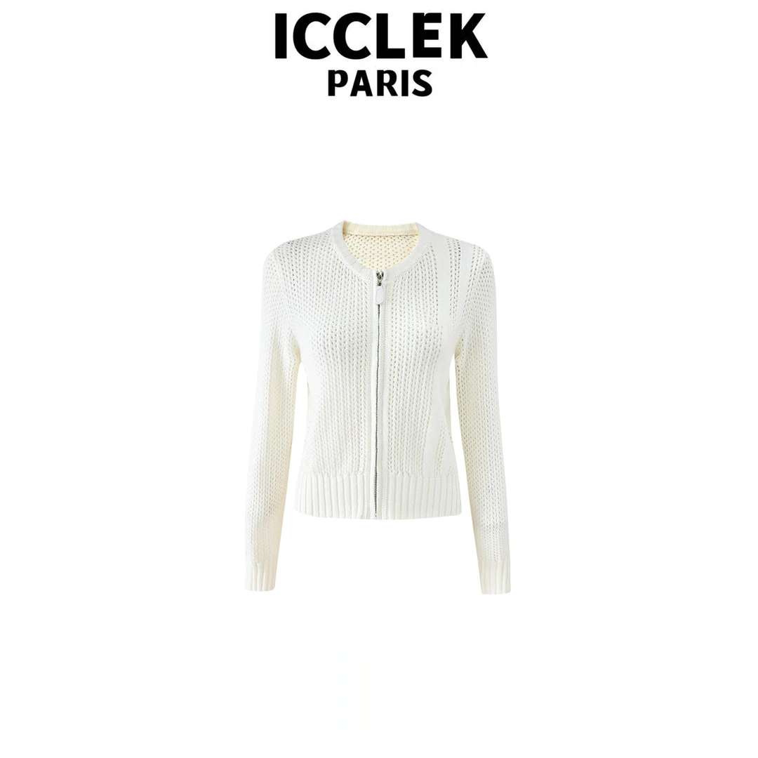 XY 白色圆领拉链镂空长袖针织衫气质名媛气质时尚上衣 -5889