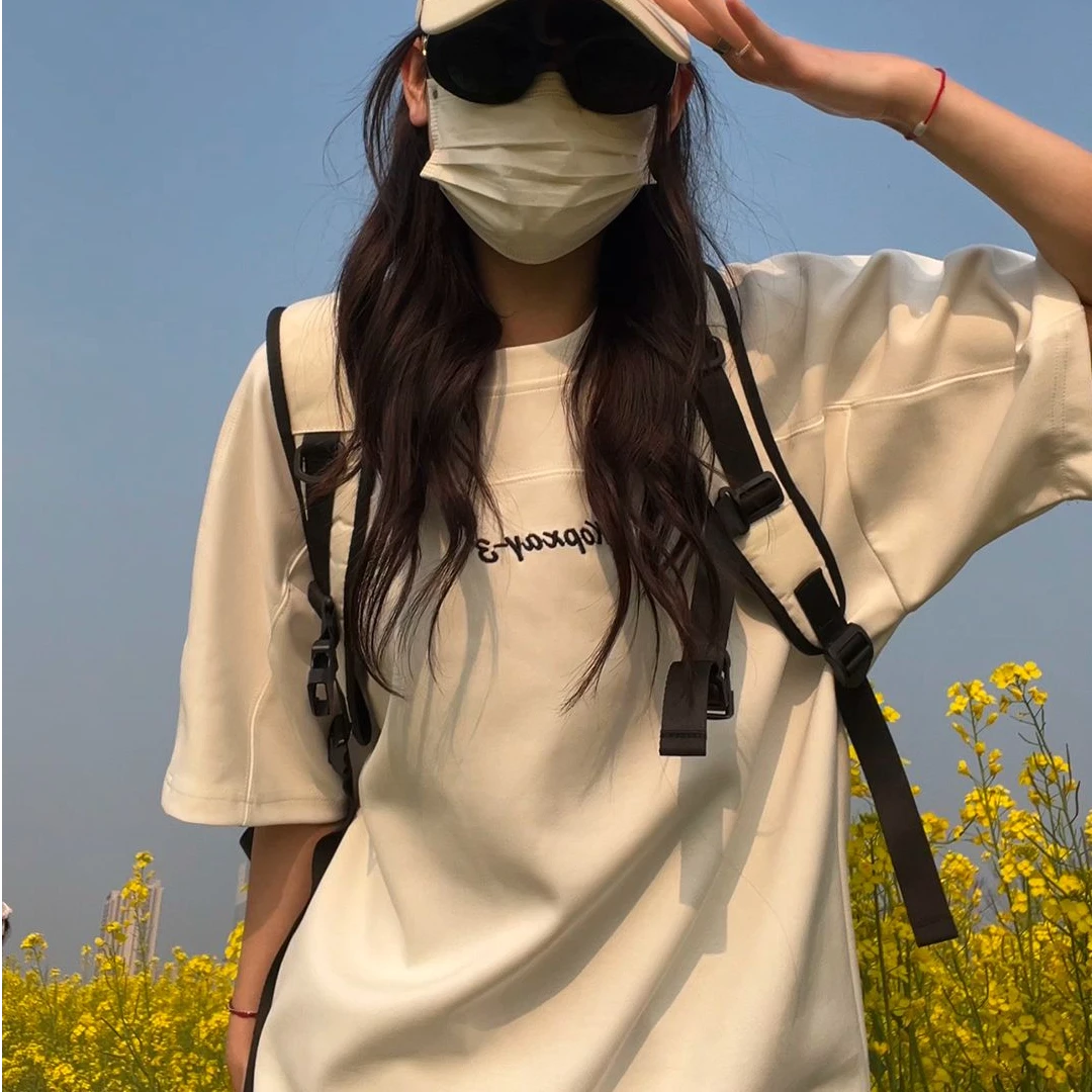 2025新款夏季圆领上衣设计感短袖日系T恤宽松ins百搭半袖纯色上衣