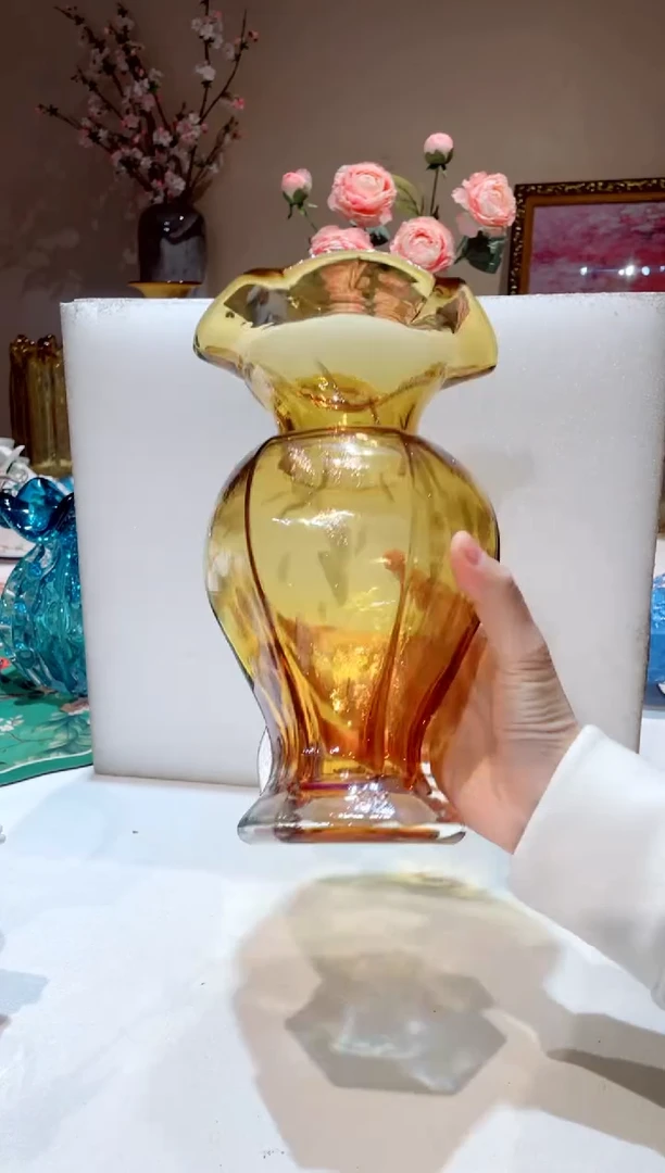 【闪购商品】琉璃手工艺品高款金色透明芬顿花瓶  微瑕