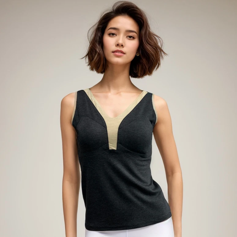柞蚕丝绒女保暖背心带胸垫一体二合一保暖背心 C106