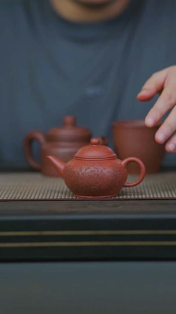 茶壶紫砂13-千刀牡丹精品刻绘水平壶降坡泥紫砂壶