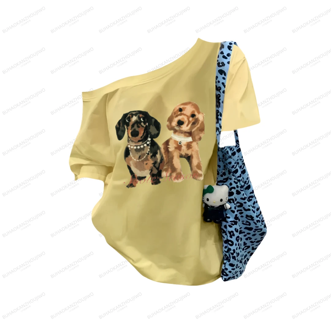 美式小狗印花一字肩短袖t恤女夏季设计感宽松慵懒风露肩斜肩上衣