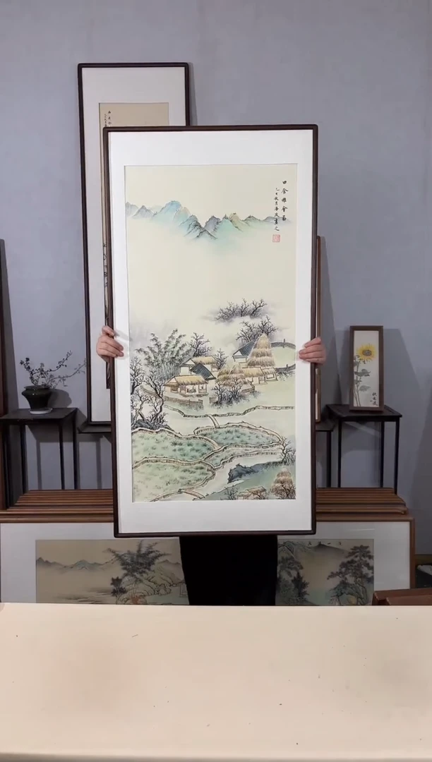国画手绘*田舍雅会图*62*122cm带框发货