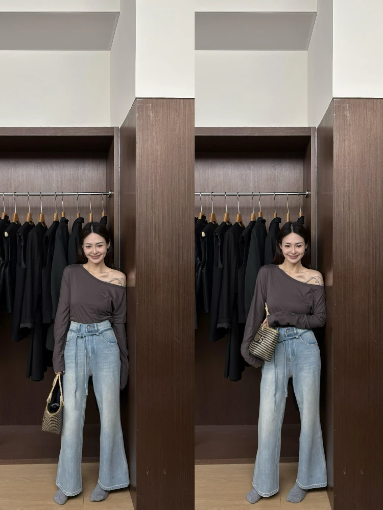 2025秋季新款韩系简约露肩上衣复古高腰系带显瘦牛仔裤两件套装