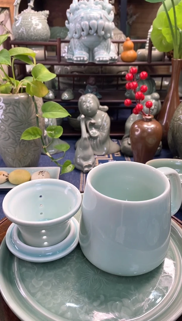 耀州窑 微瑕 天青牡丹素面茶漏杯【b000119】1只