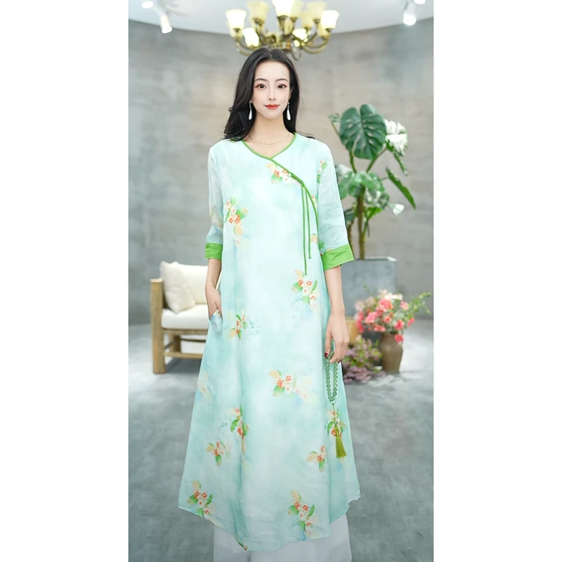 赠李白100支苎麻显瘦气质中国风旗袍中长款原创盘扣6903