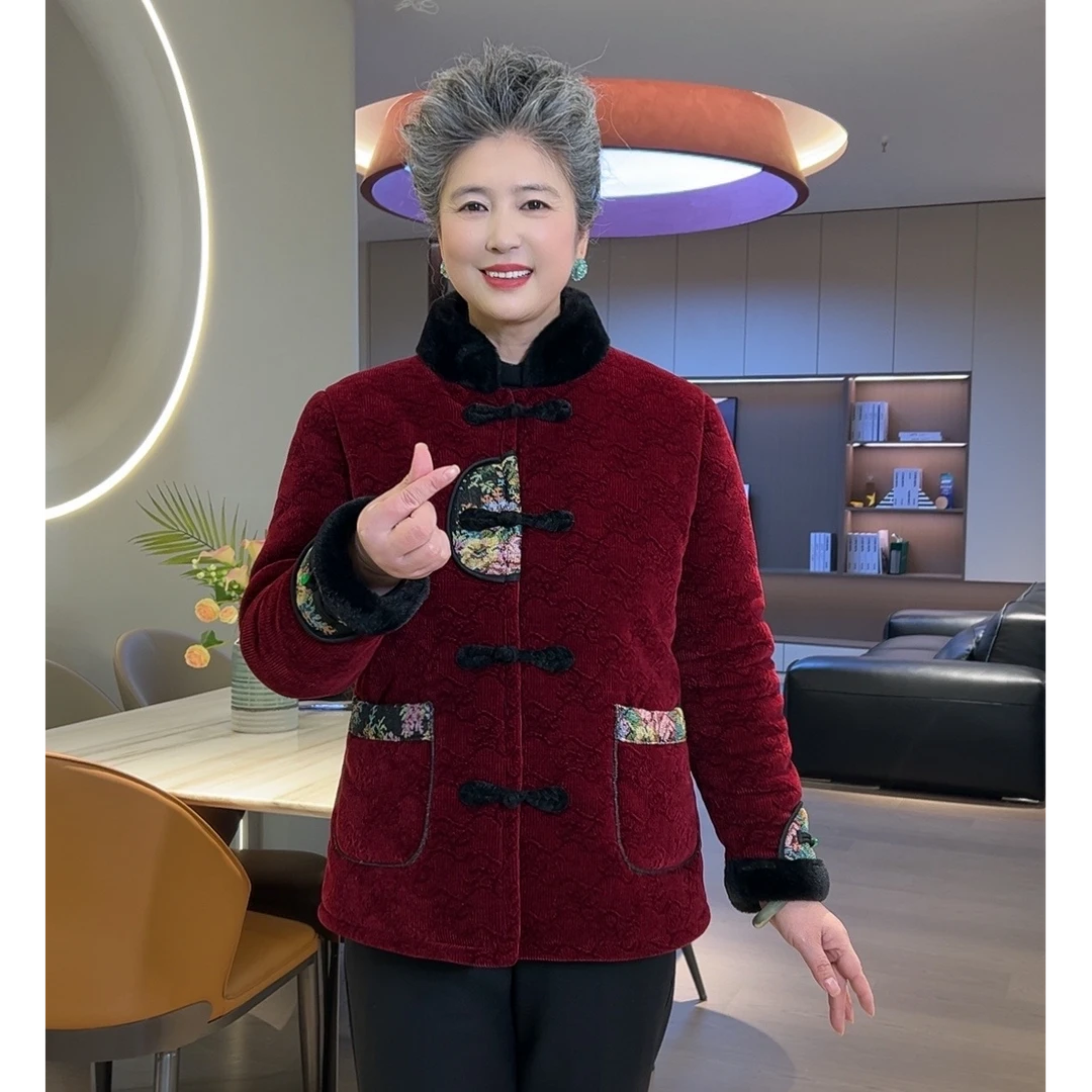 冬季时尚洋气中老年女装妈妈装中式复古加绒加厚奶奶上衣棉衣外套