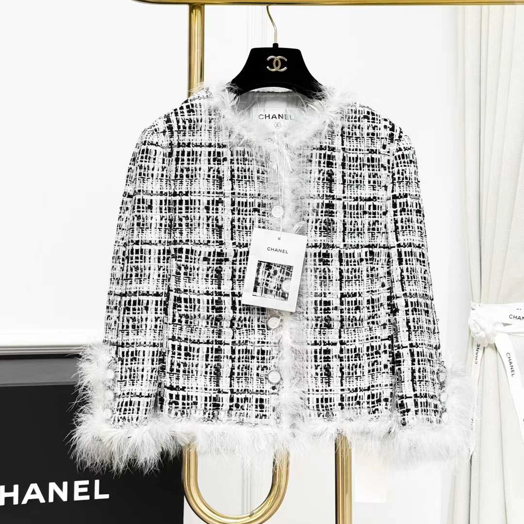 99新 Chanel/香奈儿 34码25S黑白编织软呢羽毛滚边外套 (拆垫肩)