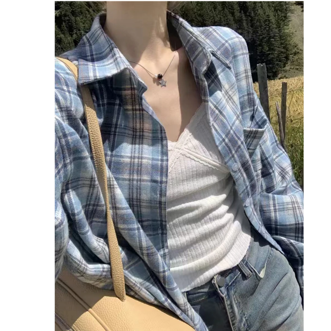 宽松显瘦韩版春季慵懒潮流格子女衬衫百搭外套聚酯纤维长袖