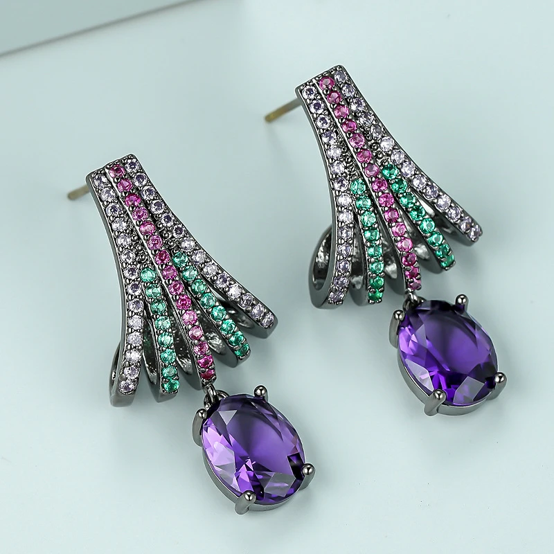 铜合金锆石耳饰 原创设计师款 黑色多色彩钻椭圆紫钻耳环13号