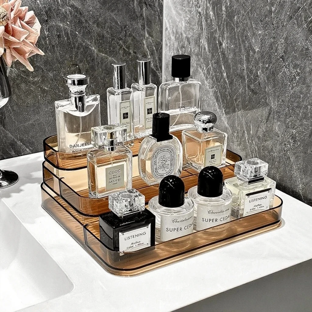 香水置物架透明亚克力梳妆台护肤化妆品置物桌面多层阶梯展示架