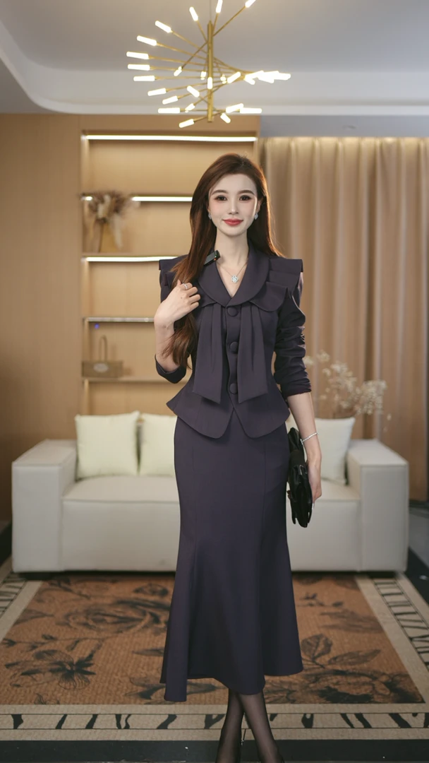罗曼定制 高定原创藏紫色收腰上衣女新+鱼尾裙时尚秋气质两件套装