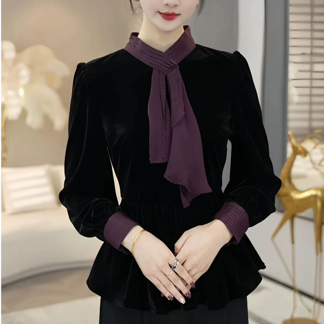 秋季百搭小众设计感气质阔太太黑色丝绒上衣中年洋气高贵减龄小衫