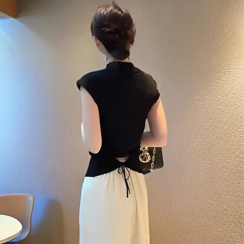 黑色v领针织短袖t恤女2025夏季新款独特洋icelolly假两件毛衣