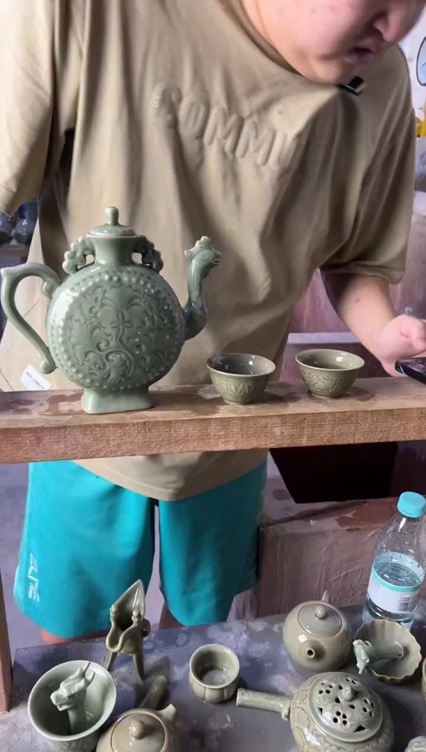 微瑕耀州窑凤鸣壶+莲纹小杯2