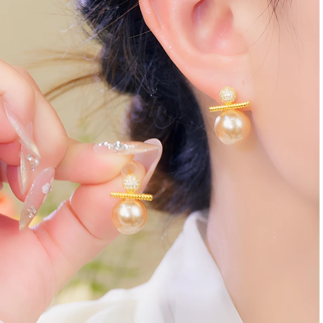 蔓畅 铜合金仿珍珠耳饰 925银针香槟色珠珠耳钉小众气质精致耳饰