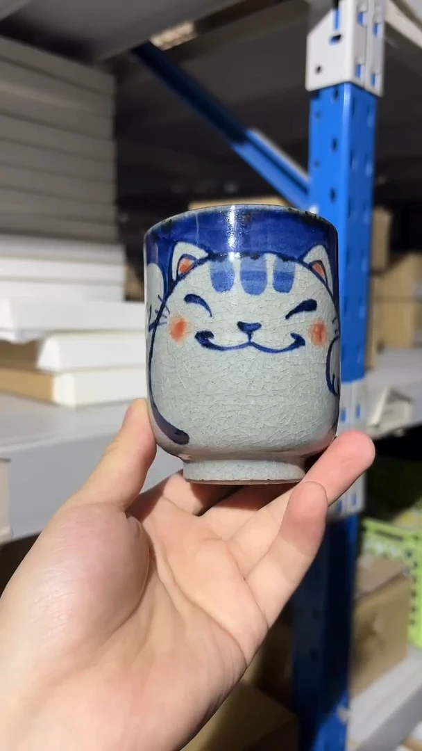 陶瓷手描き猫 湯呑 青・大