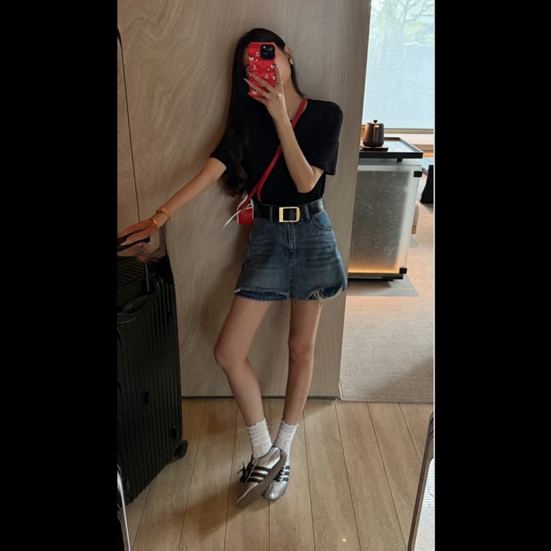 夏季新款复古风破洞毛边a字牛仔裙裤女装薄款高腰宽松牛仔短裤潮