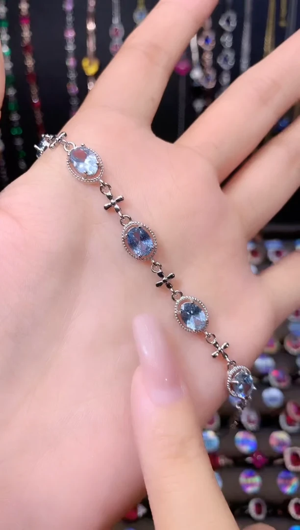 海蓝宝石手链银S925镶嵌银色8颗