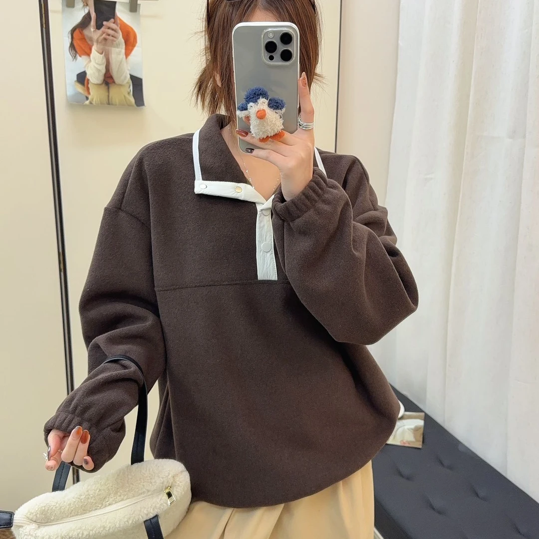 程程甄选  韩系撞色半开按扣加绒立领卫衣9142