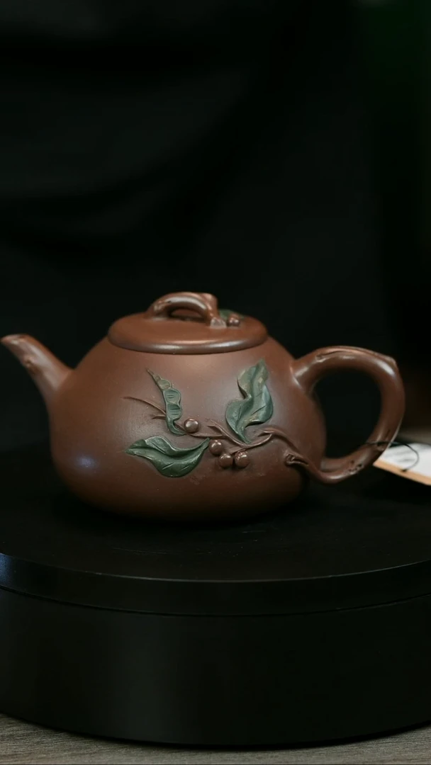 茶壶紫砂始*H1975周卓琴彩绘贴叶树圆