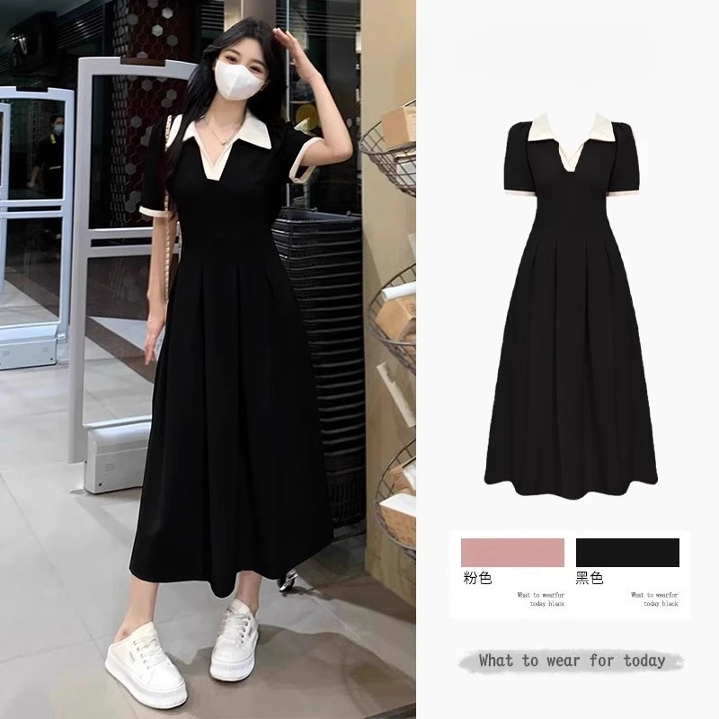 大码法式气质高级感黑色Polo连衣裙女夏季胖mm收腰显瘦学院风裙子