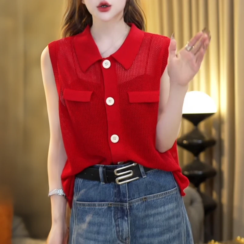 『时光针』2025夏季显瘦洋气薄纱针织翻领无袖马甲上衣LK2503162