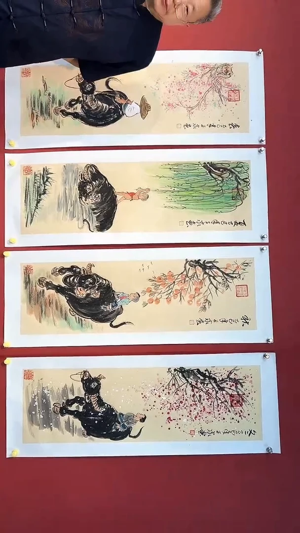 国画于子泉手绘作品《春夏秋冬》四条屏