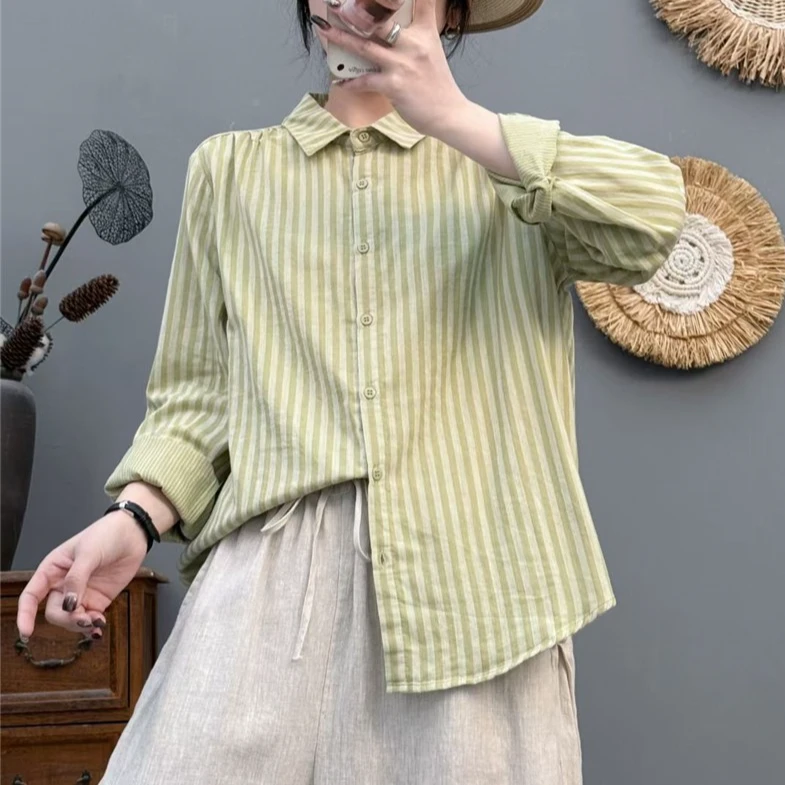 文艺复古色织粗条纹双层棉纱长袖衬衫女翻领百搭宽松休闲衬衣9531