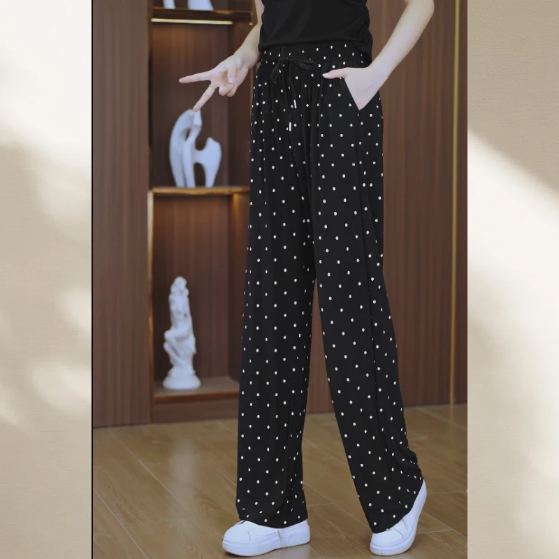 [现货]夏季休闲波点款冰丝裤透气阔腿裤百搭高弹显瘦高腰薄款大码