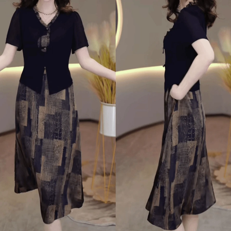 现货现发 ZYX夏新款优雅气质减龄收腰显瘦短袖连衣裙女中长款大码