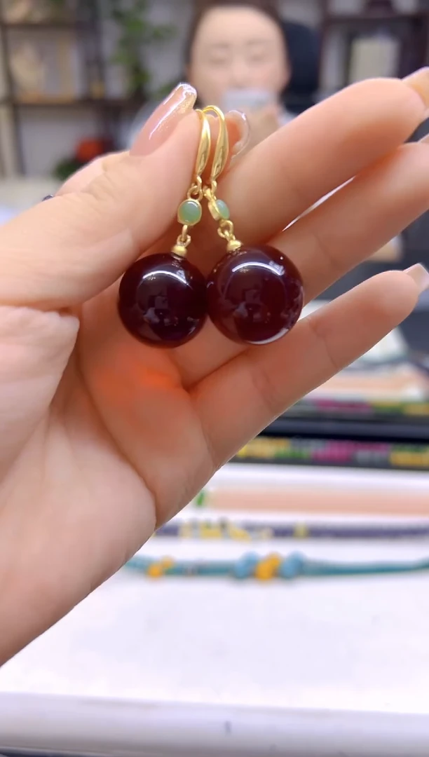 14K金镶嵌血珀耳饰DIY款E706