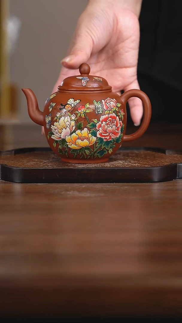 茶壶紫砂泥绘牡丹花紫砂壶