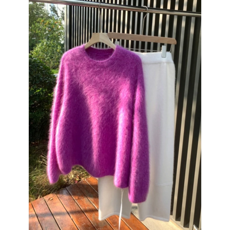 巨舒服！高级感玫粉色毛衣圆领套头秋冬季宽松慵懒针织衫女装上衣